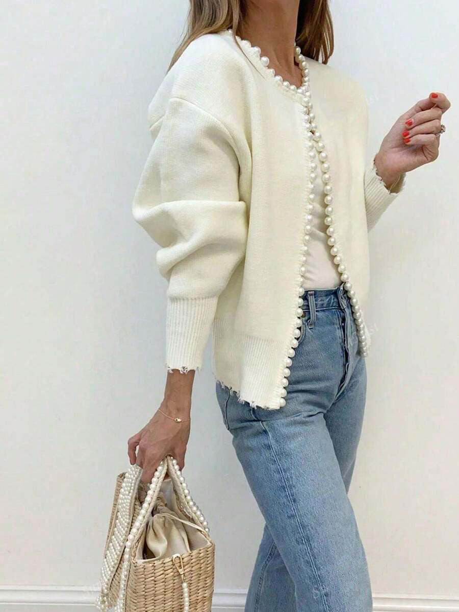 Damen Elegante Strickjacke mit Perlenverzierung WW