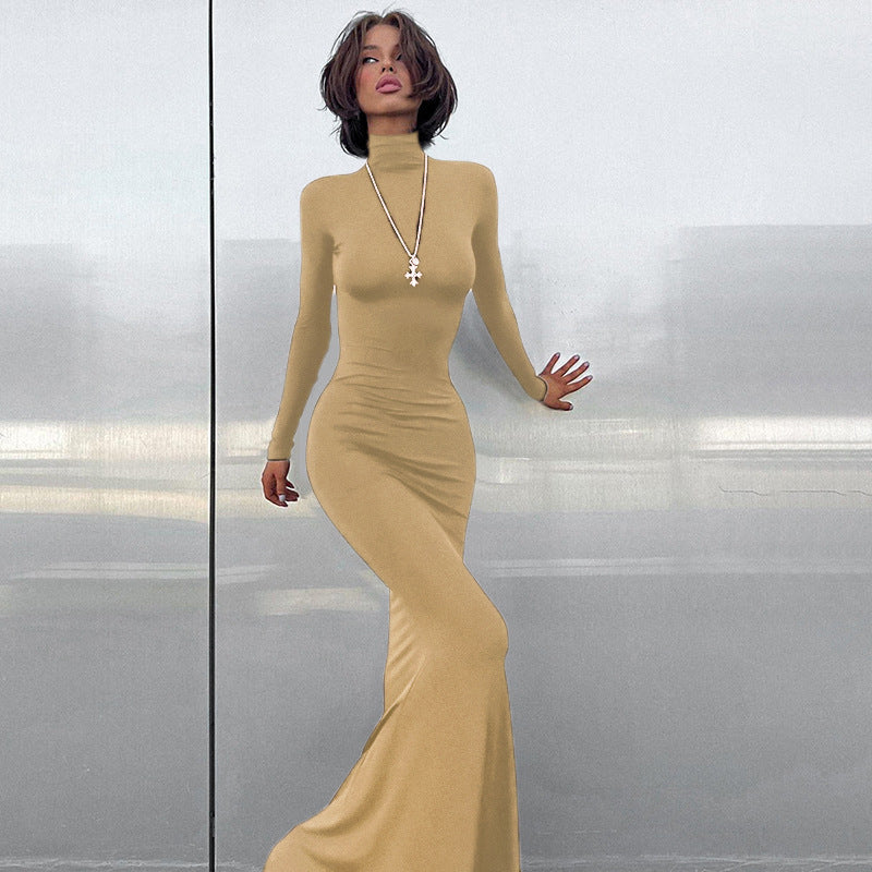 Damen elegantes Maxikleid mit figurbetonter Silhouette und hohem Kragen WW