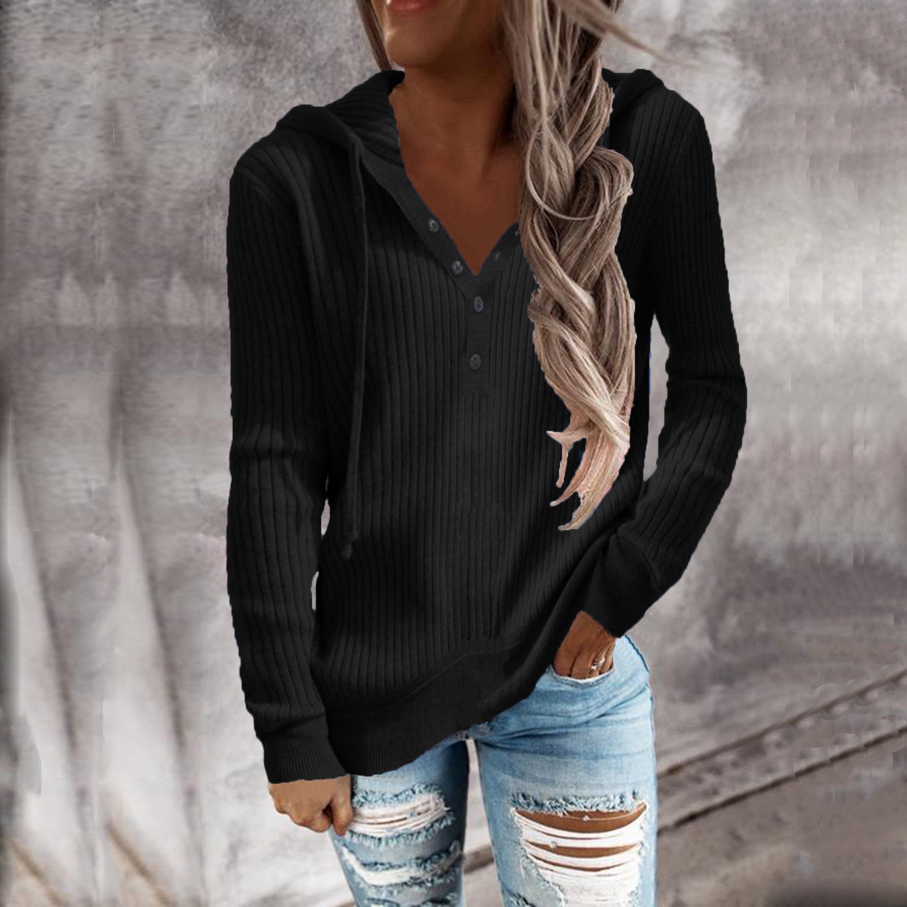 Damen Kapuzenpullover mit feinem Rippstrick und Knopfleiste WW