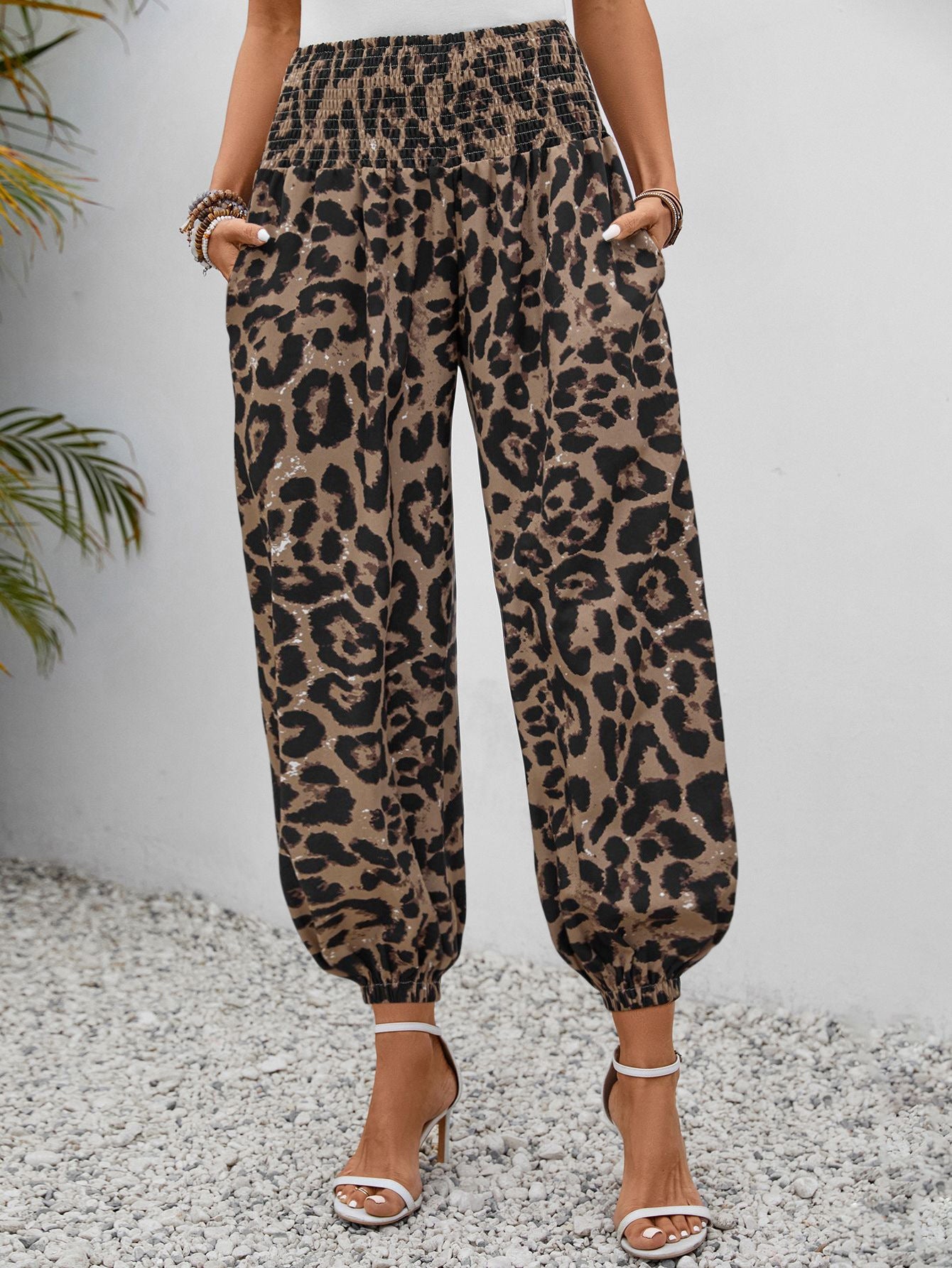 Damen Aladin-Hose mit elastischem Bund und modernem Leopardenmuster WW