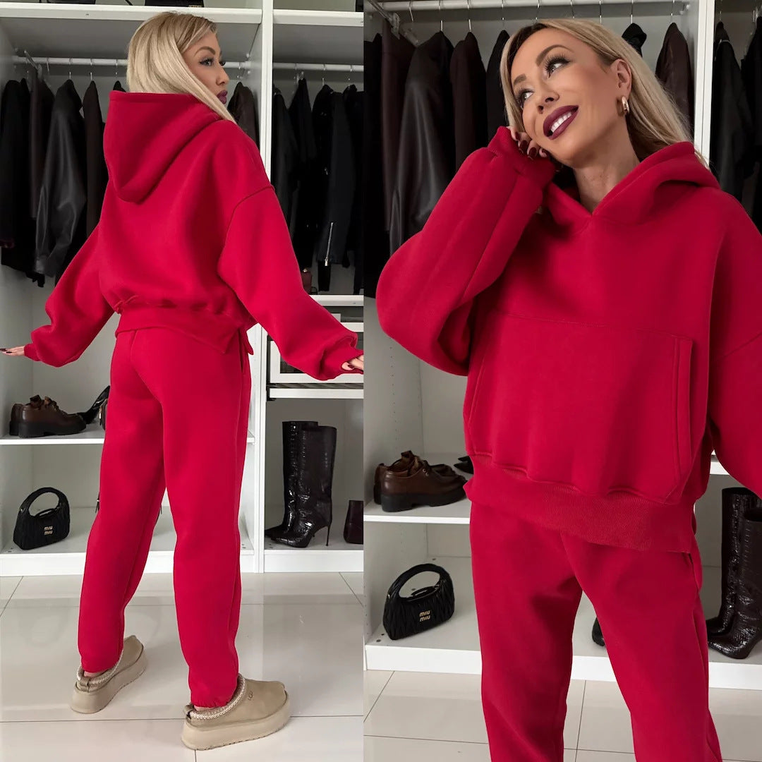 Damen lässiges Loungewear-Set mit Hoodie und Jogginghose aus weichem Fleece WW
