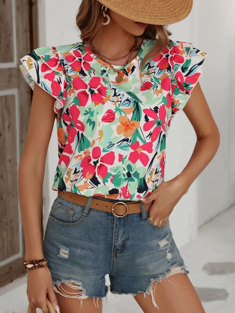 Damen modisches T-Shirt mit Rüschendetails und floralem Muster WW