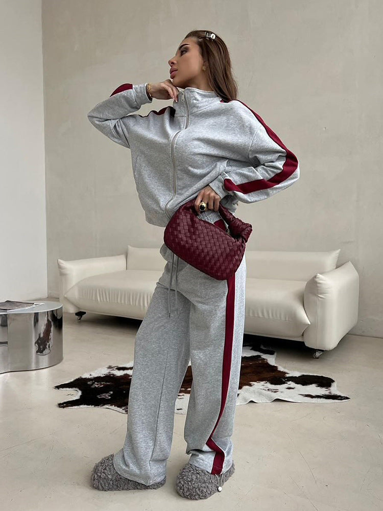 Damen sportliches Fleece-Set mit Stehkragen und seitlichen Kontraststreifen WW