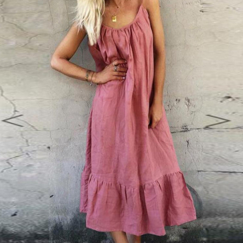 Damen leicht fließendes Spaghettiträgertop Maxikleid mit Rüschensaum WW