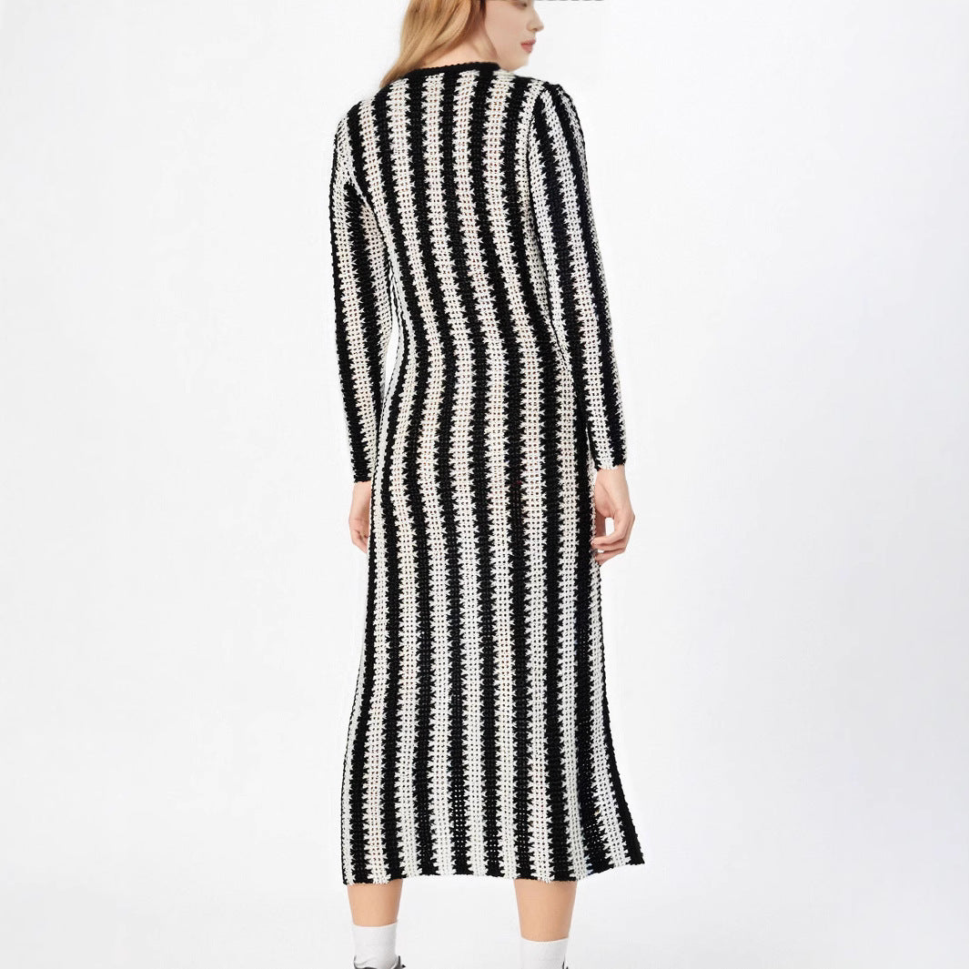 Damen Designer-Strickkleid mit asymmetrischem Schnitt und grafischem Muster WW