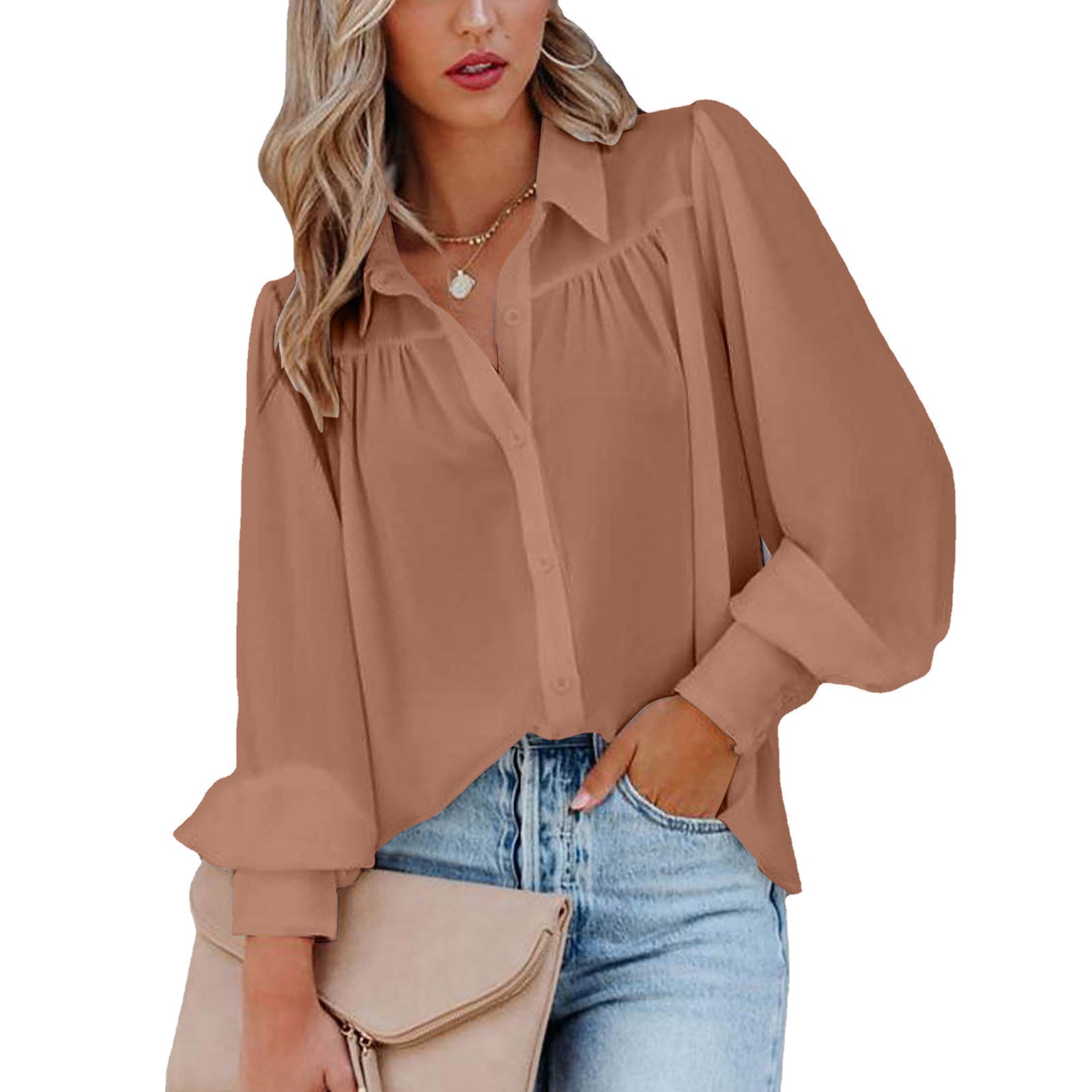 Damen Elegante Bluse mit Puffärmeln und Knopfdetails WW