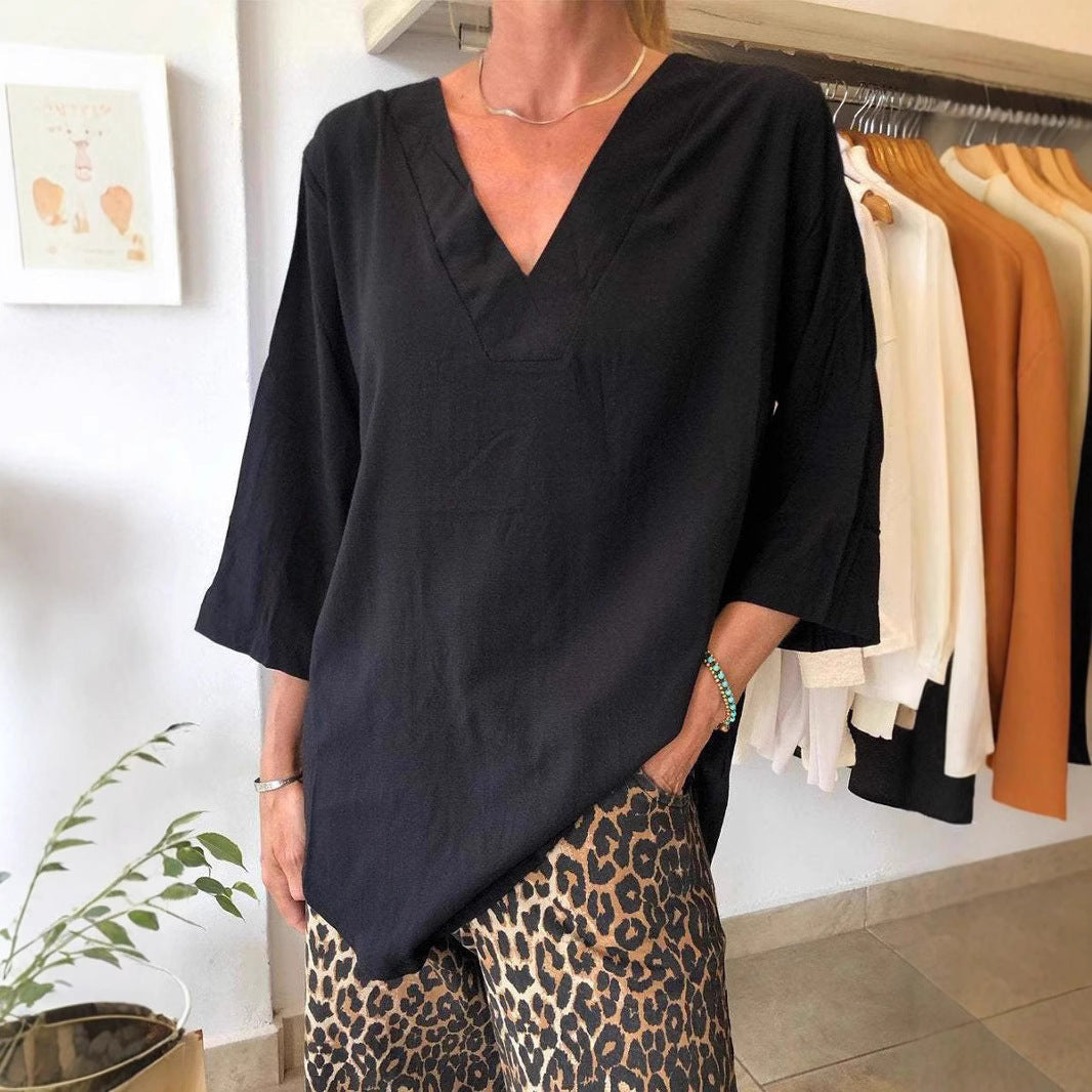 Damen Oversize Tunika mit modernem V-Ausschnitt und lässigen Ärmeln WW
