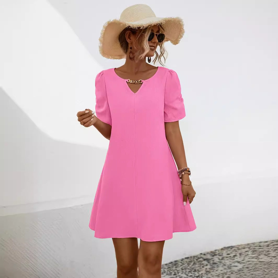 Damen A-Linien Kleid mit kurzen Puffärmeln und Schlüssel-Ausschnitt WW