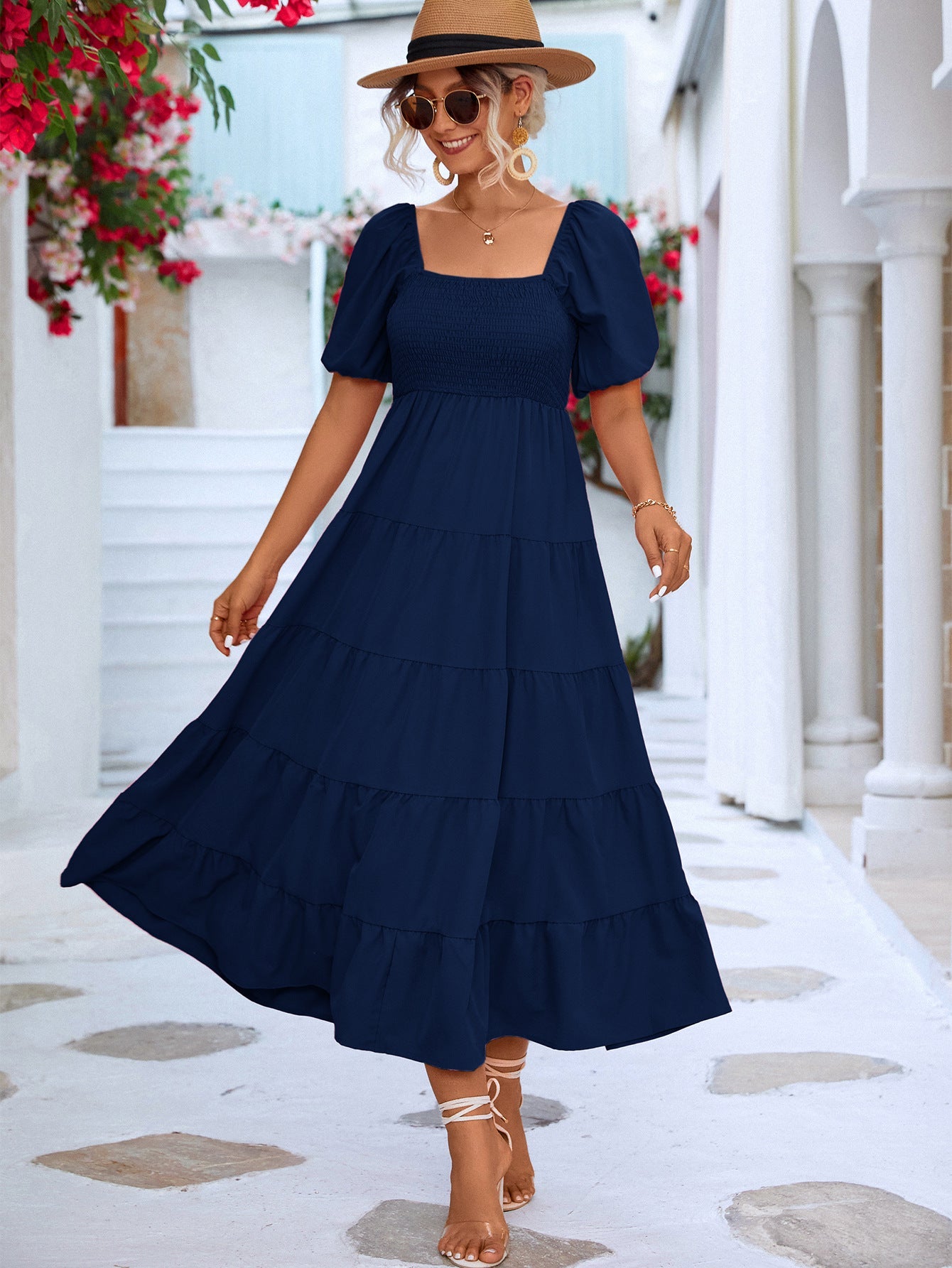 Damen Maxikleid mit Puffärmeln und Stufen WW
