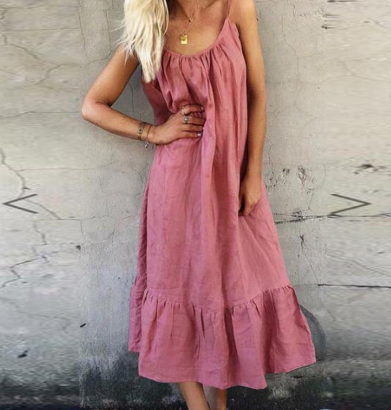 Damen leicht fließendes Spaghettiträgertop Maxikleid mit Rüschensaum WW