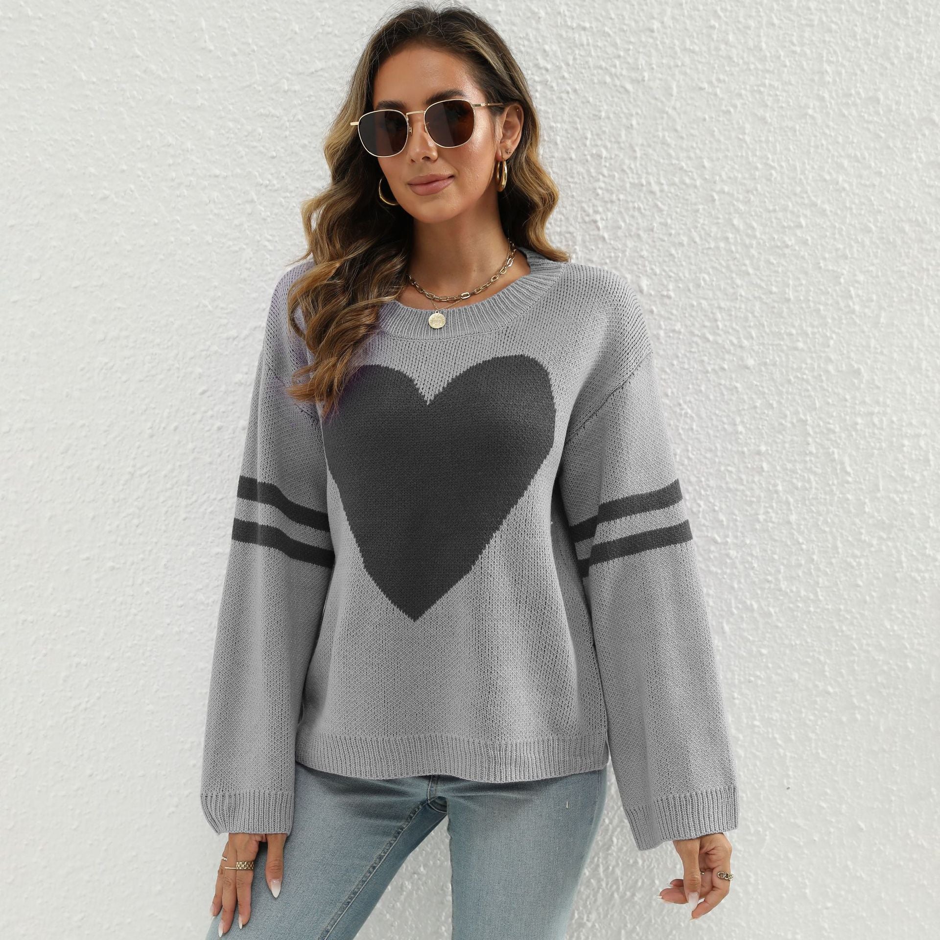 Damen Strickpullover mit Herzmotiv und lässigen Ärmelabschlüssen WW