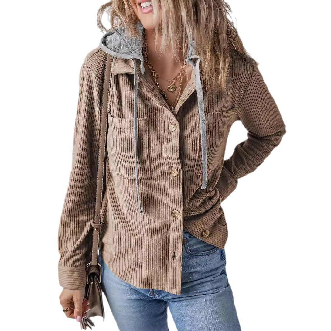 Damen lässige Oversized-Hemdjacke mit Kapuze und strukturiertem Stoff WW