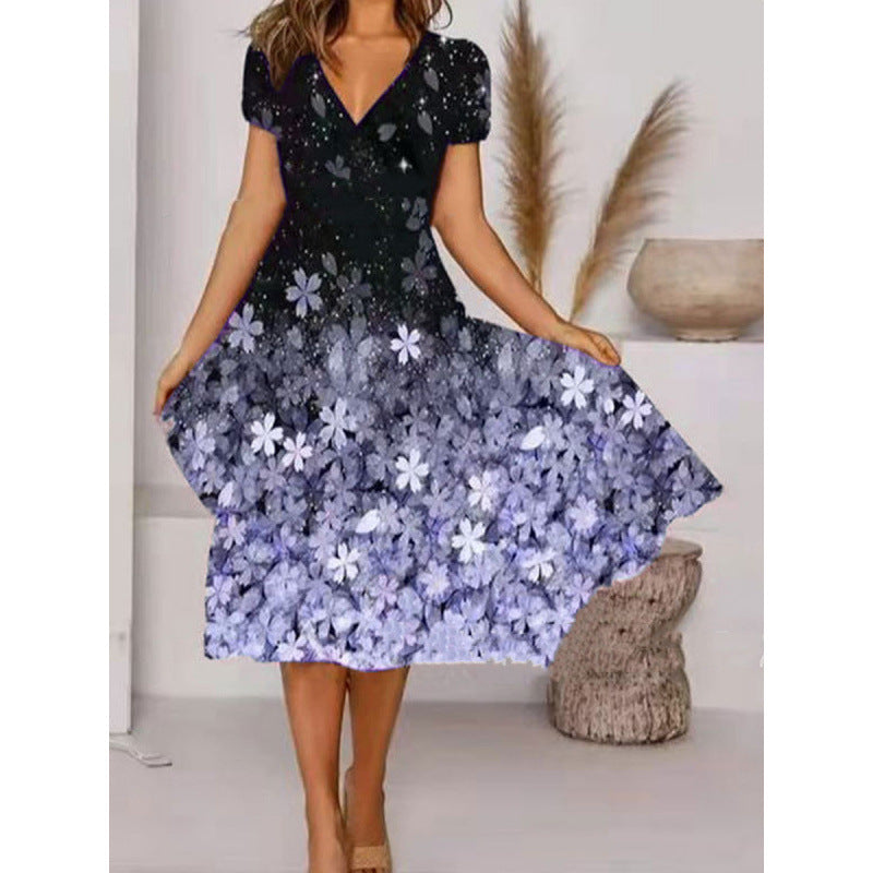 Damen A-Linie Sommerkleid mit V-Ausschnitt und floralen Akzenten WW