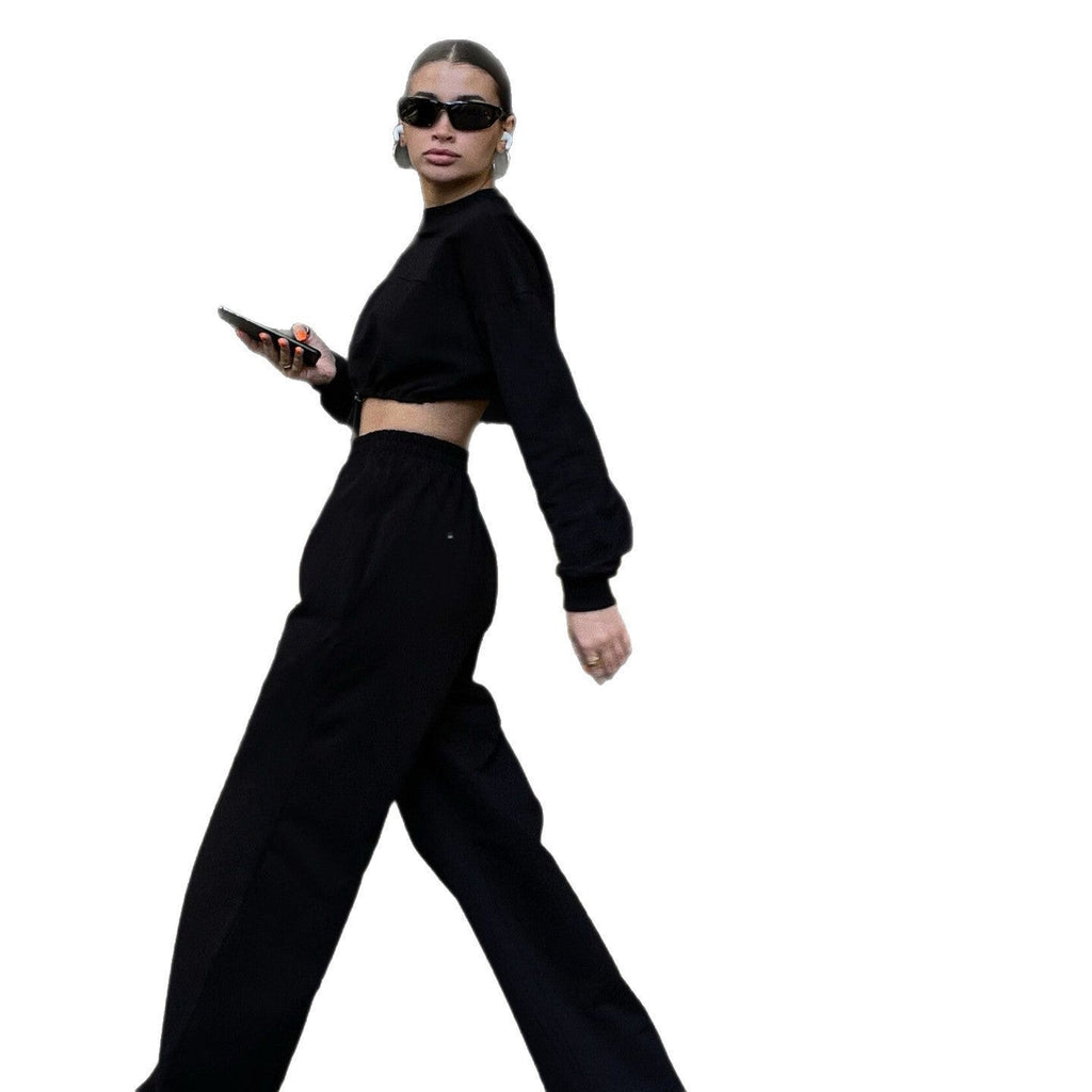 Damen lässiges Freizeit-Set mit cropped Oberteil und weitem lockeren Hosen WW