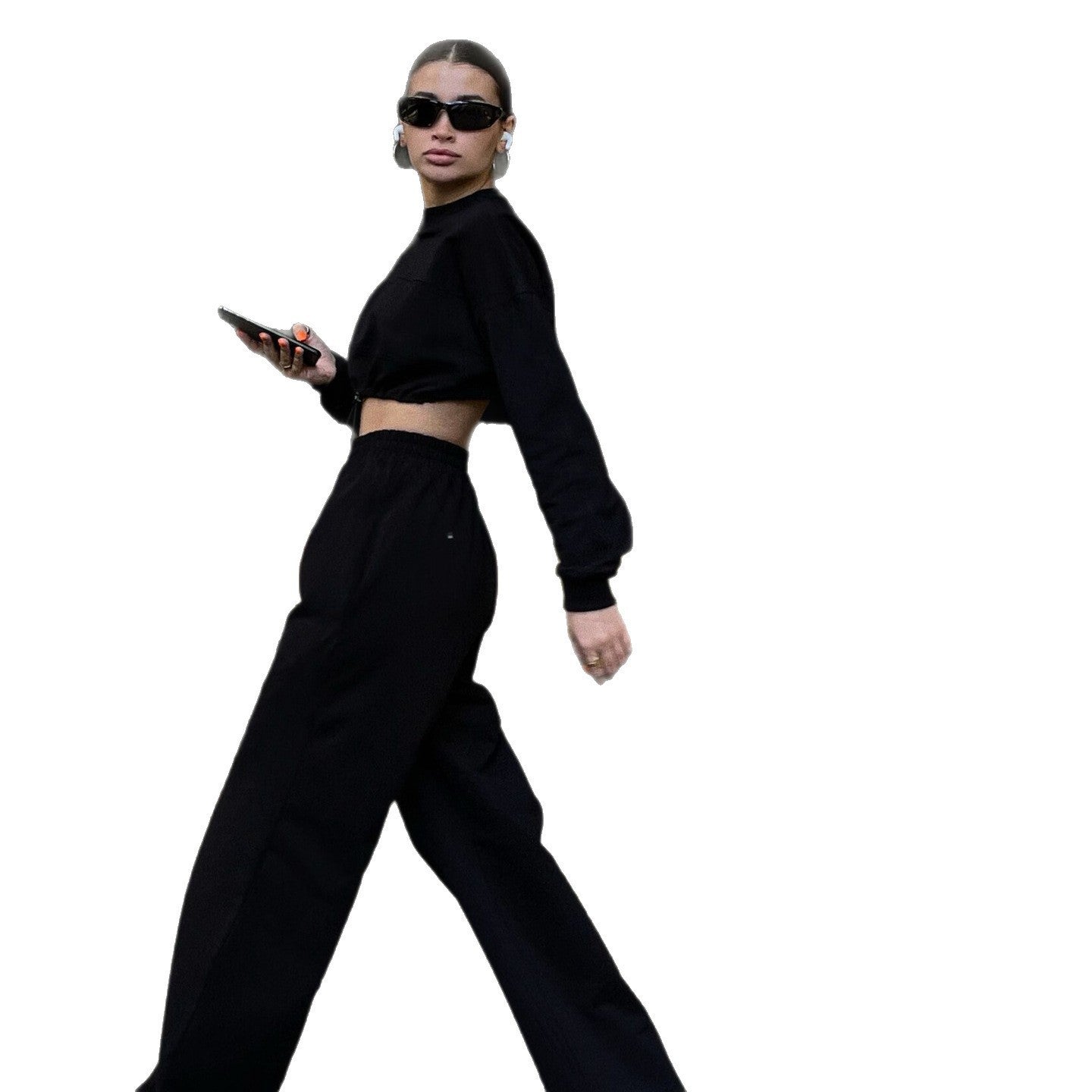 Damen lässiges Freizeit-Set mit cropped Oberteil und weitem lockeren Hosen WW