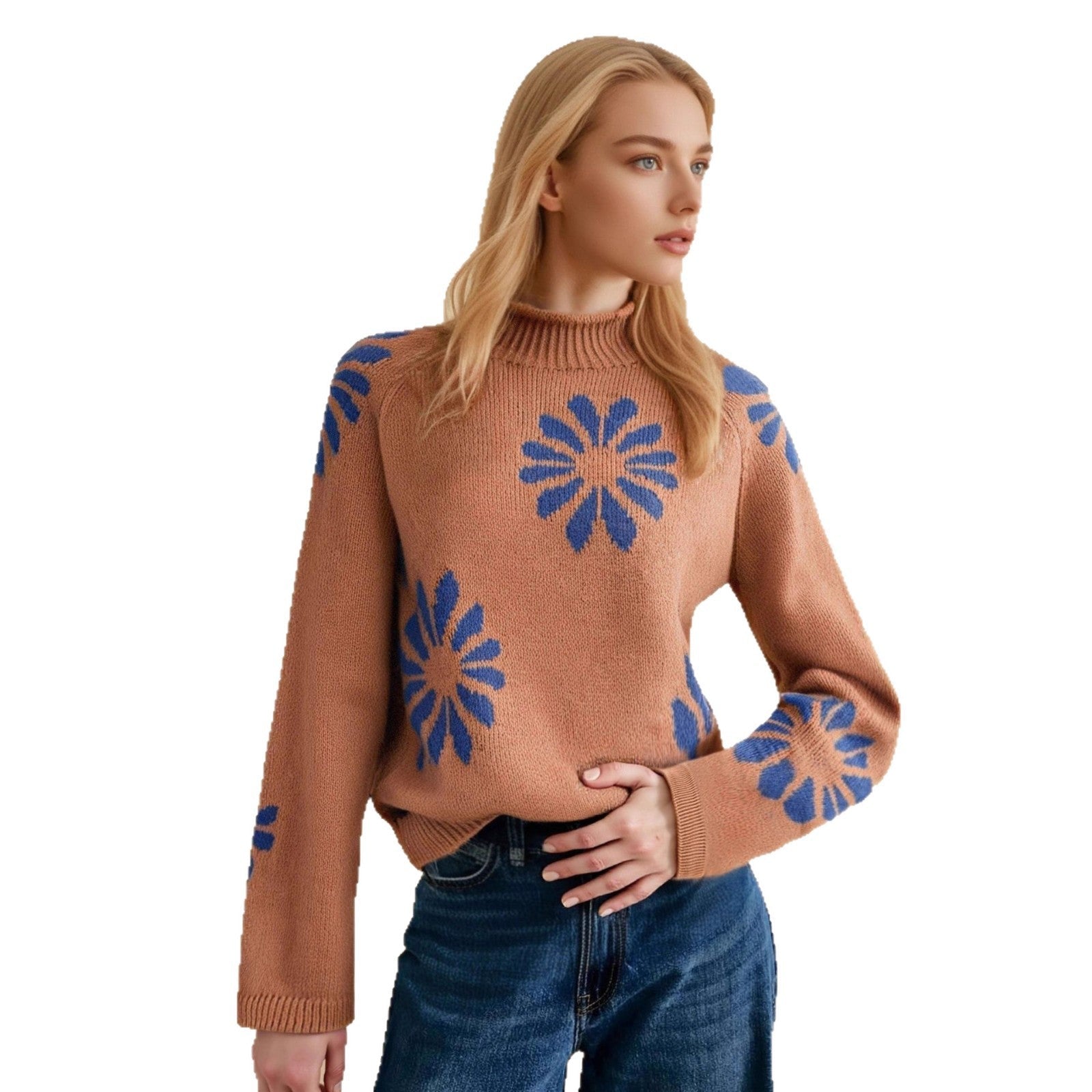 Damen farbenfroher Strickpullover mit floralem Muster WW