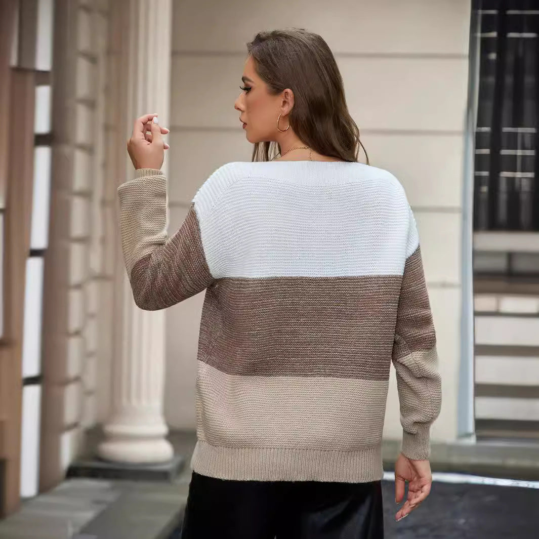 Damen Lässiger Strickpullover mit trendy Farbblockdesign und weitem Schnitt WW
