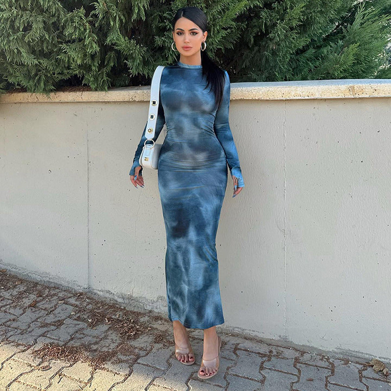 Damen Maxi-Kleid mit langen Ärmeln und modischem Batikmuster WW