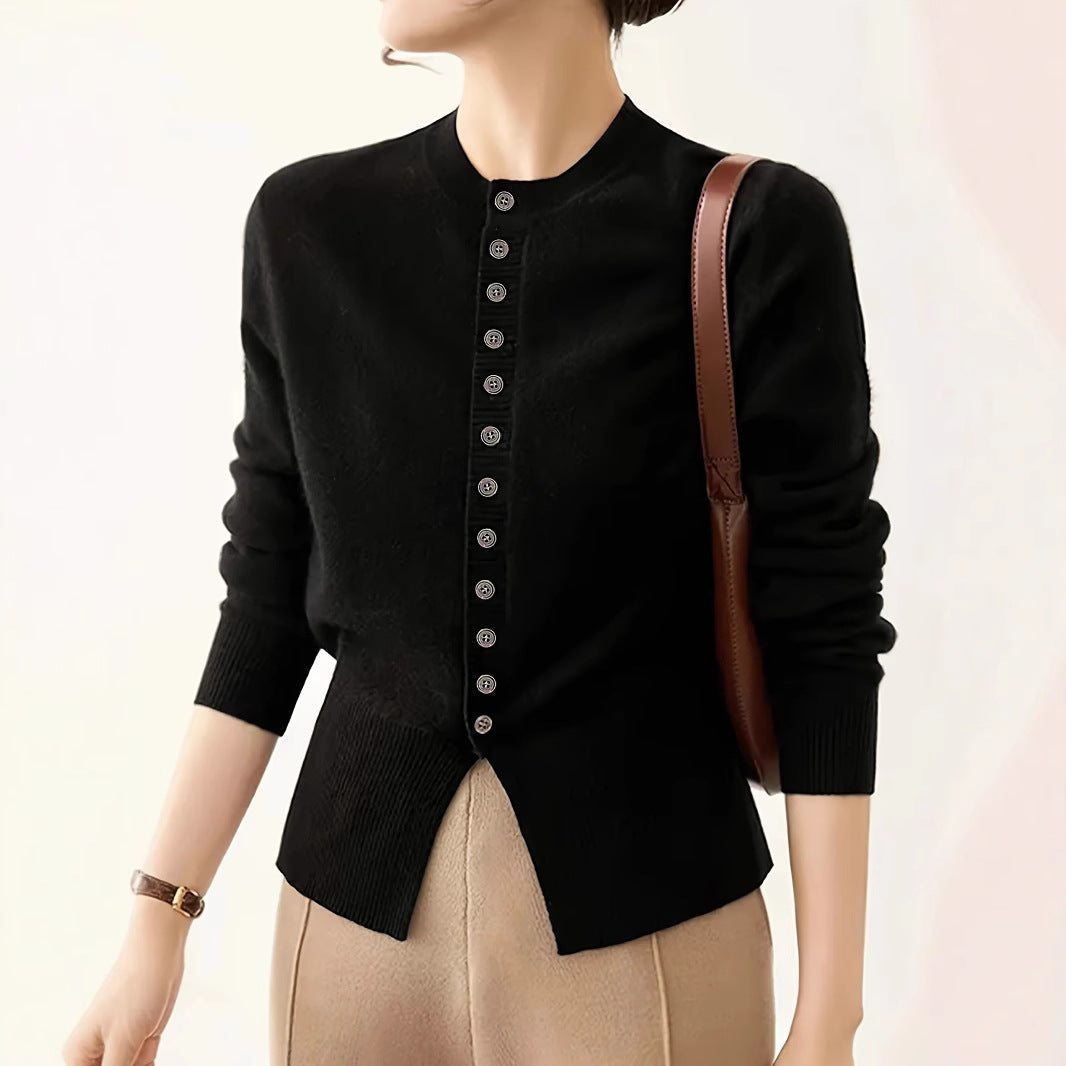 Damen modische Strickjacke mit Knopfleiste und Rippstrickdetails WW