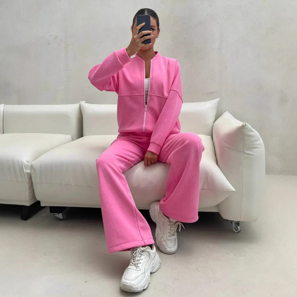 Damen lässiges Fleece-Set mit Oversized Jacke und weit geschnittenen Hosen WW