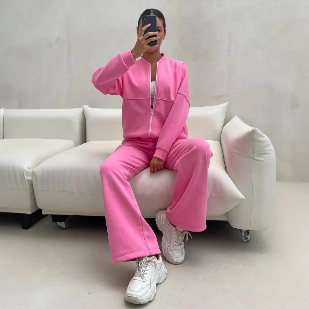 Damen lässiges Fleece-Set mit Oversized Jacke und weit geschnittenen Hosen WW