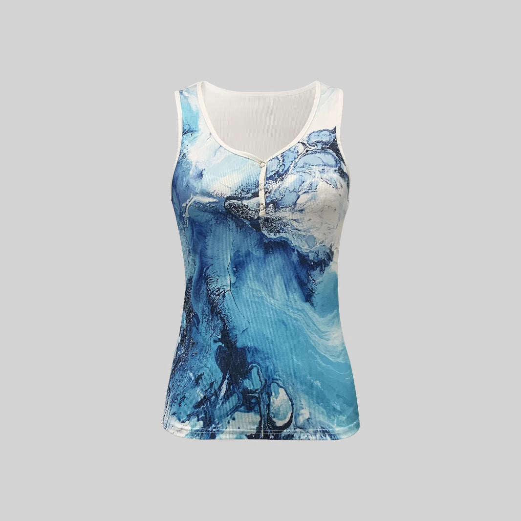 Damen Ärmelloses Oberteil mit farbenfrohem Marmor-Design und Knopfverschluss WW