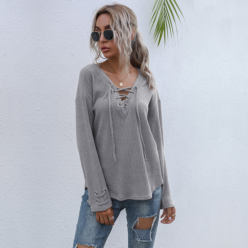 Damen lässiger Pullover mit V-Ausschnitt und Schnürung WW