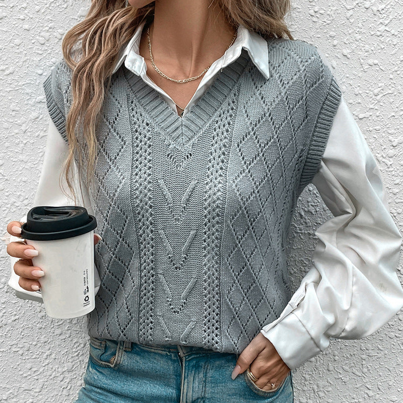 Damen eleganter Strickpullover mit V-Ausschnitt und modischem Rautenmuster WW