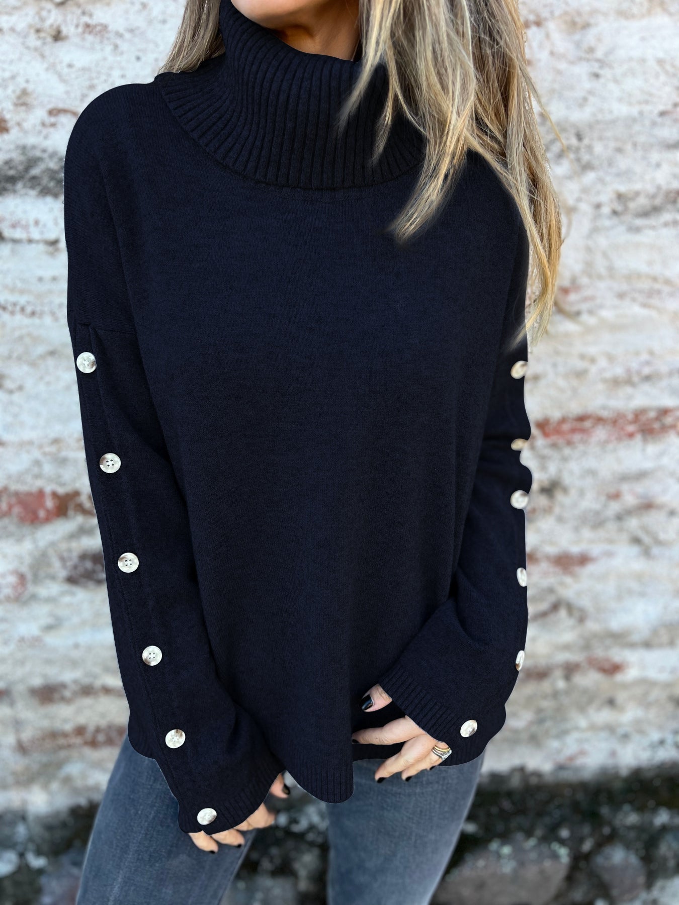 Damen weicher Rollkragenpullover mit modischen Knopfdetails WW