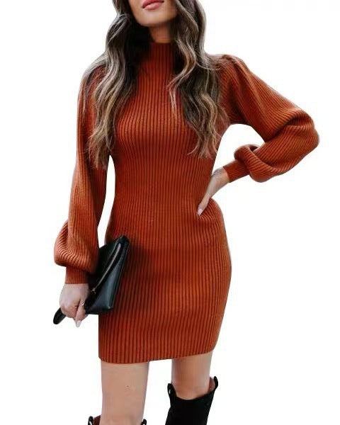 Damen Strickkleid mit hohem Kragen und Puffärmeln WW
