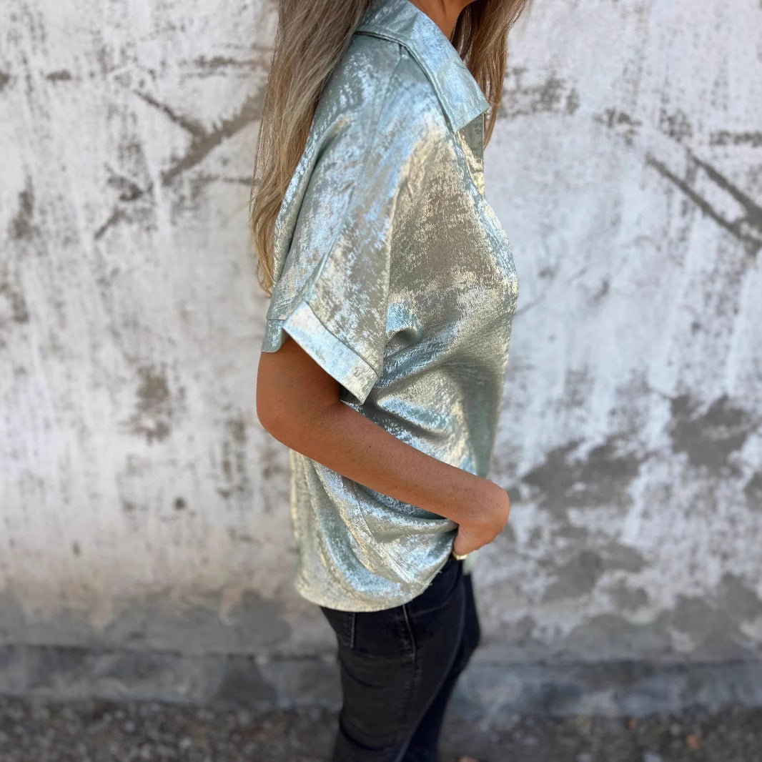 Damen Elegante und lässige Satinbluse mit kurzen Ärmeln WW