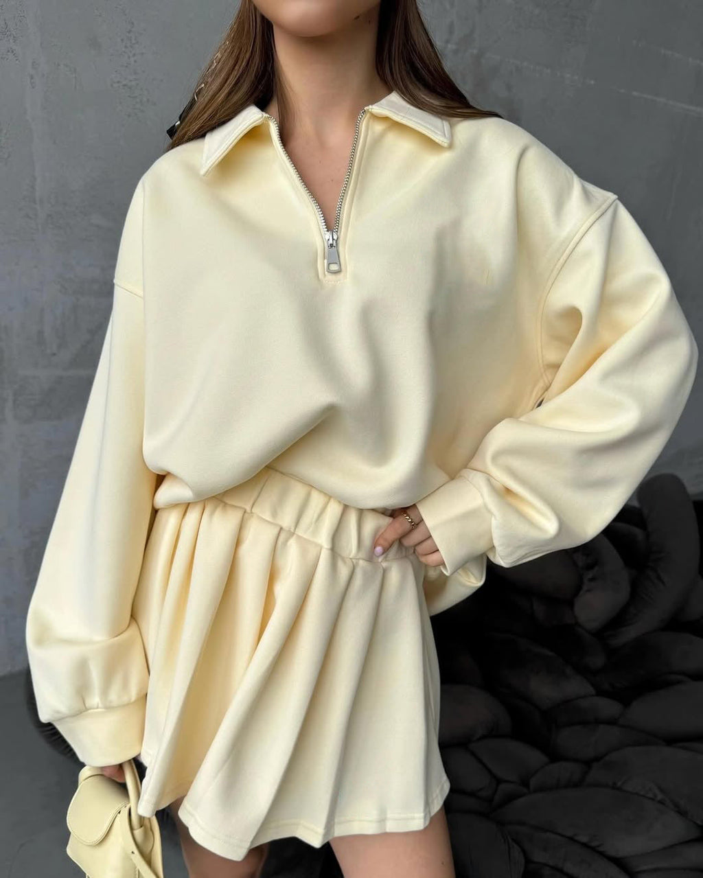 Damen lässiger Pullover mit kurzem Reißverschluss und weitem Schnitt WW