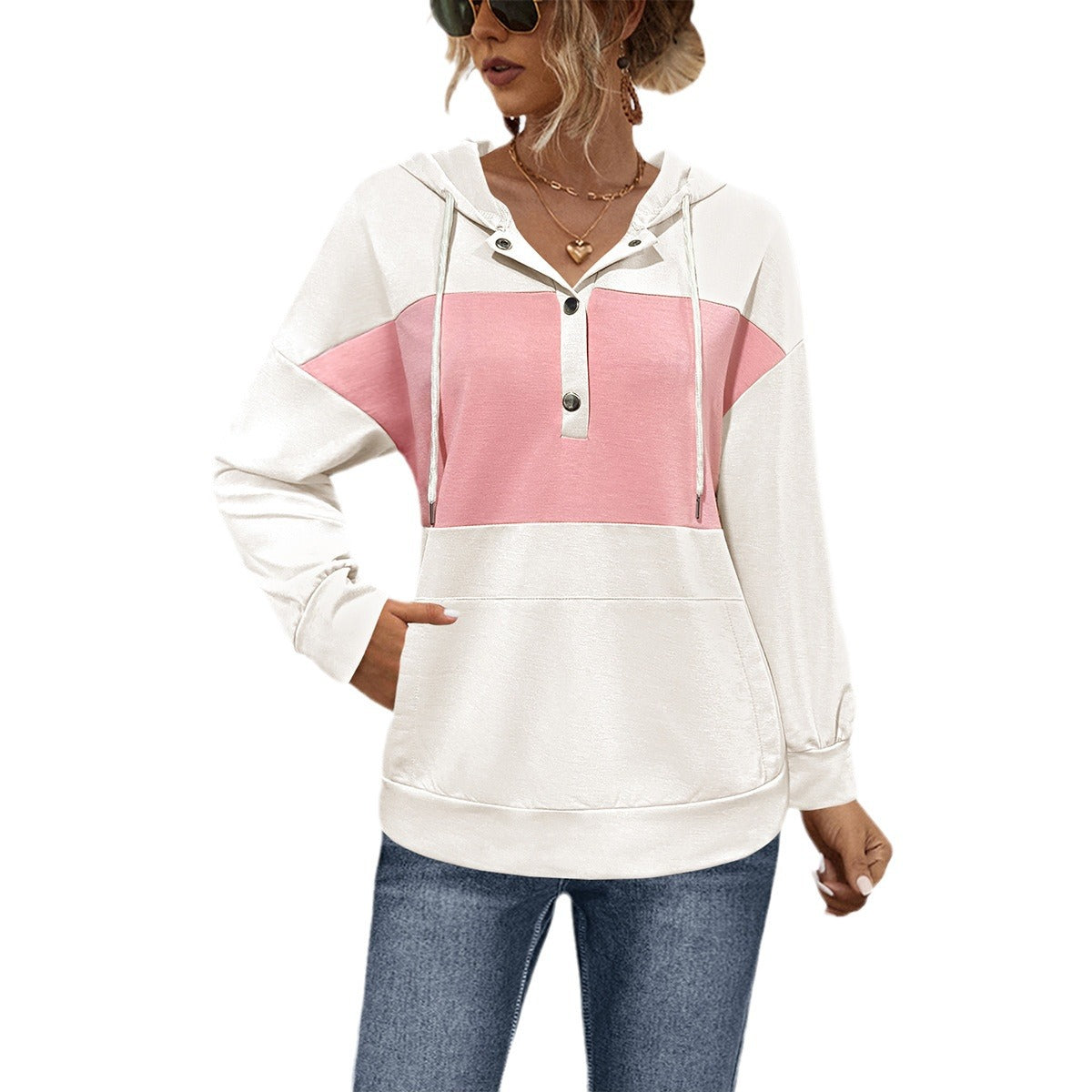 Damen Hoodie mit modischem Farbblock-Design und praktischen Knopfdetails WW