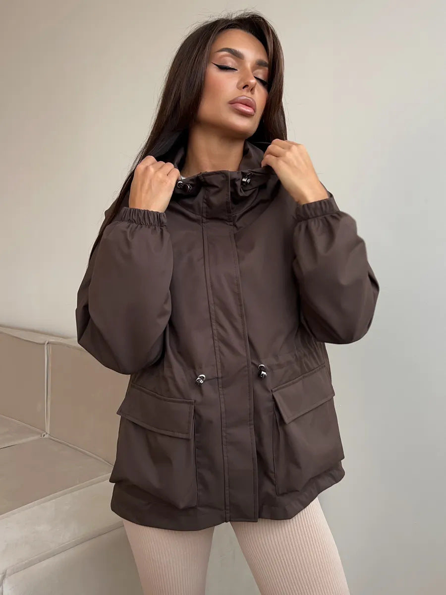 Damen leichte Windbreaker-Jacke mit verstellbarem Bund und praktischen Taschen WW