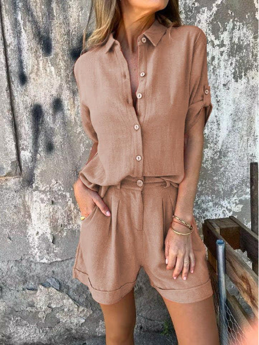 Damen Elegantes Kurzarm-Jumpsuit aus atmungsaktivem Stoff mit praktischen Taschen WW