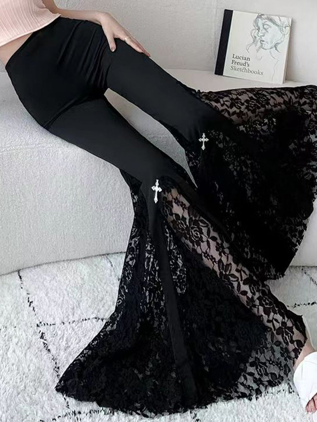 Damen Elegante Schlaghose mit Spitzenapplikationen WW