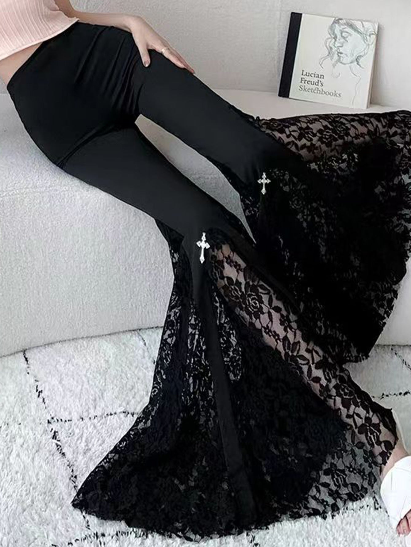 Damen Elegante Schlaghose mit Spitzenapplikationen WW