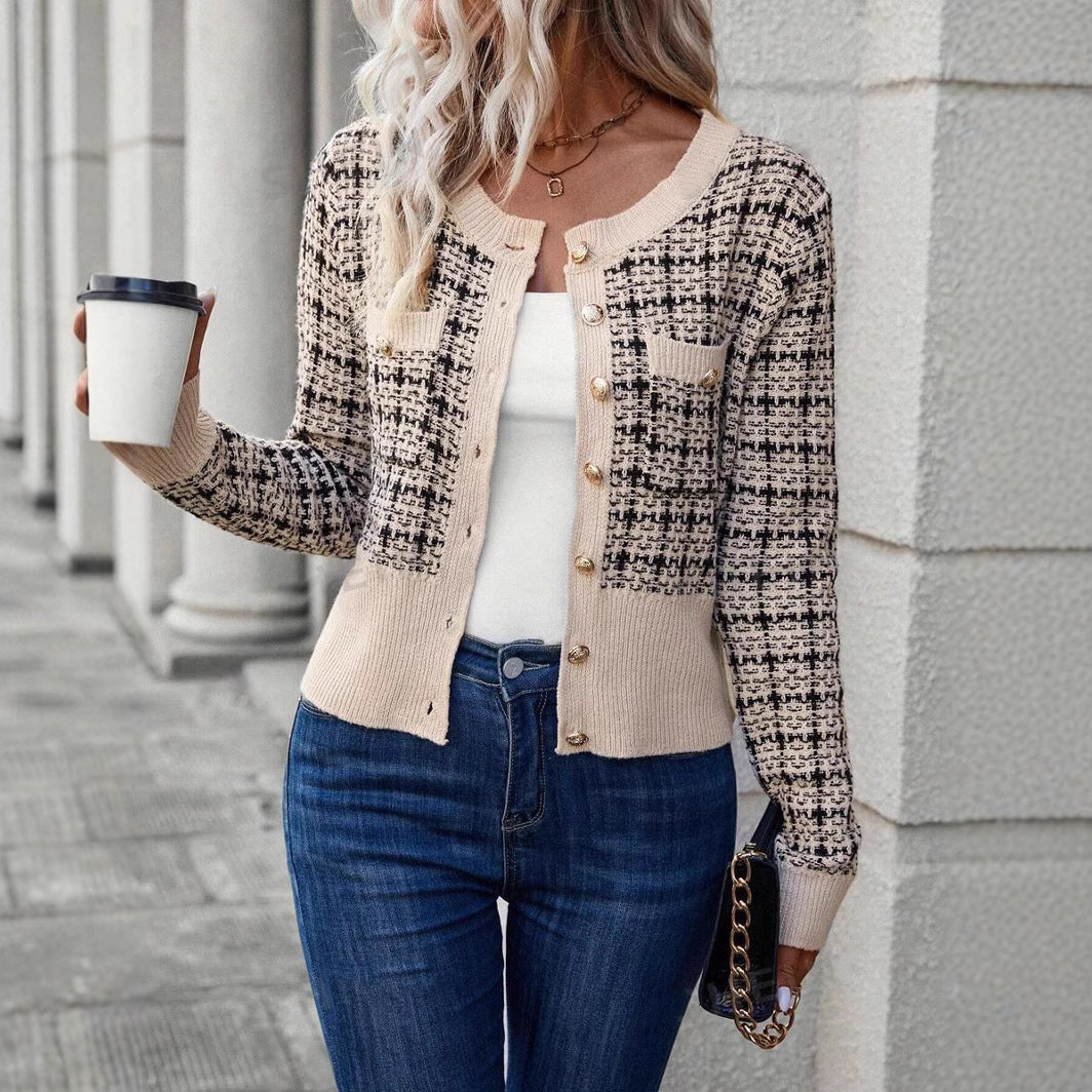 Damen stilvolle Strickjacke mit goldenen Knöpfen WW