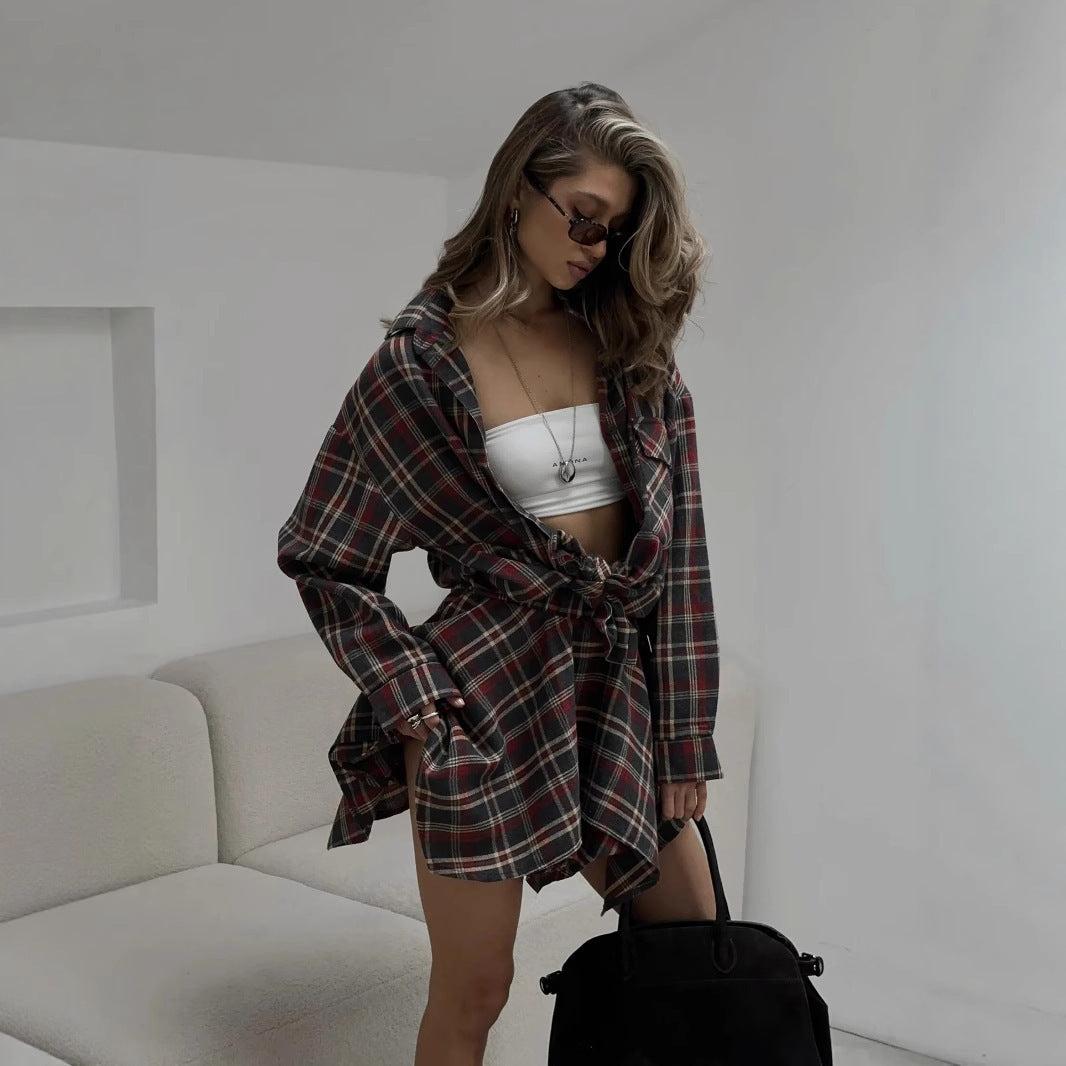 Damen lässiges Karo-Shirtkleid mit Hemdkragen und asymmetrischem Schnitt WW