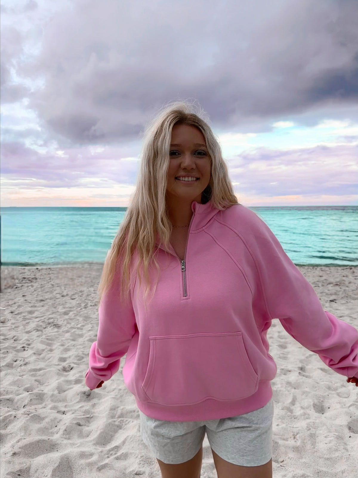 Damen bequemer Kapuzensweater mit kurzem Reißverschluss und Kängurutasche WW