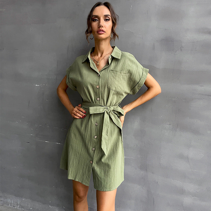 Damen Hemdblusenkleid mit Taillengürtel und Kurzarm WW