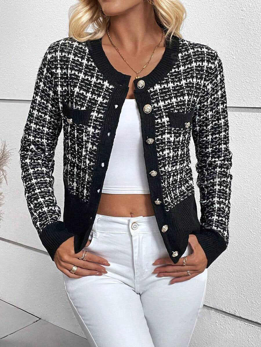 Damen stilvolle Strickjacke mit goldenen Knöpfen WW