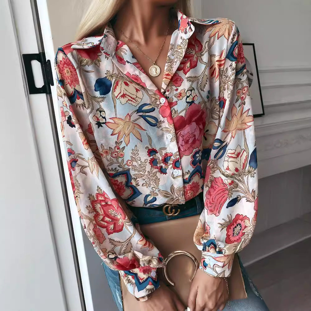 Damen elegante Bluse mit floralem Muster und modernen Puffärmeln WW