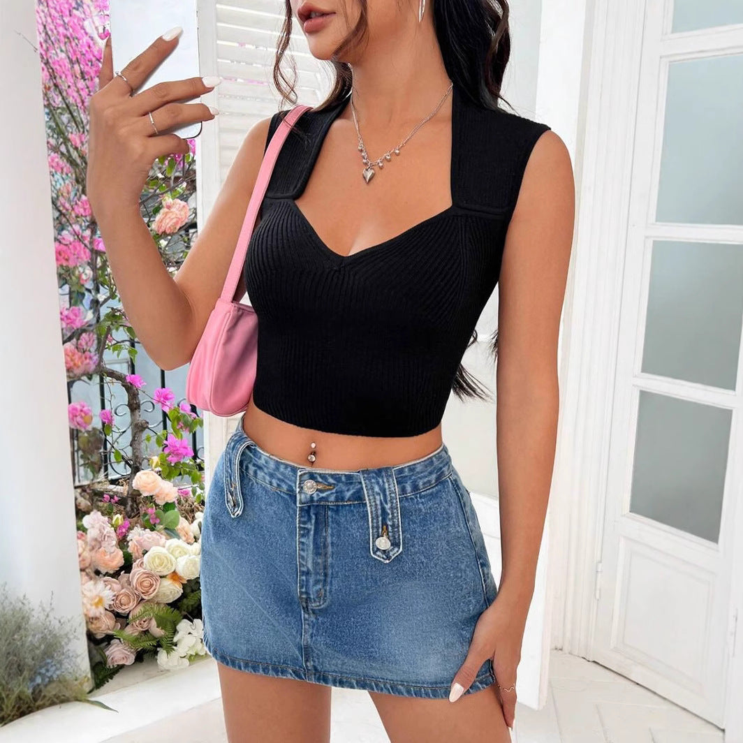 Damen figurbetontes Ripp-Crop-Top mit V-Ausschnitt und breiten Trägern WW