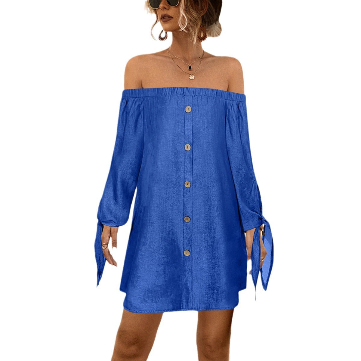 Damen Off-Shoulder Kleid mit Knopfleiste und lässigen Ärmelbindungen WW