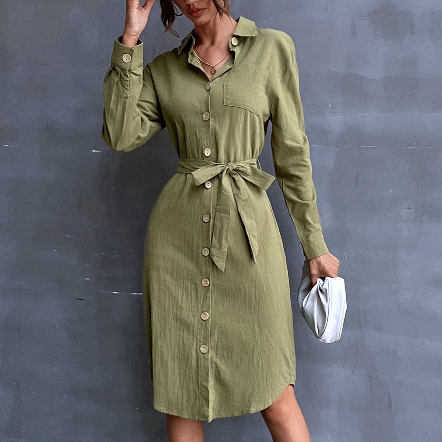 Damen Hemdblusenkleid mit Taillengürtel und praktischen Knopfdetails WW