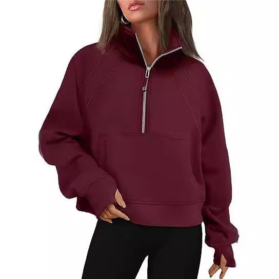 Damen sportlicher Hoodie mit kurzem Reißverschluss und praktischer Kängurutasche WW