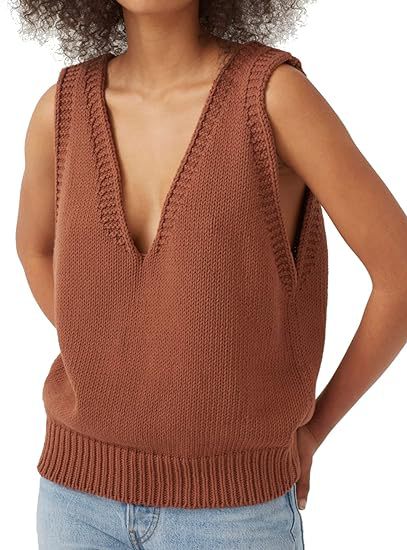 Damen lässiger Strickpullover ohne Ärmel mit tiefem V-Ausschnitt WW