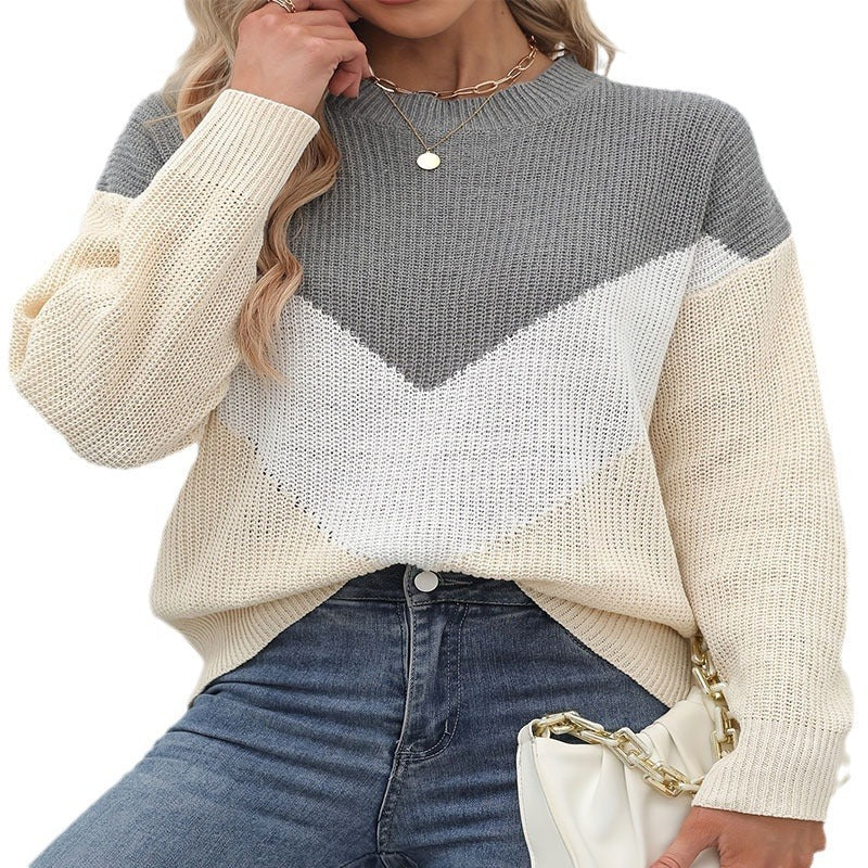 Damen Strickpullover mit V-Ausschnitt und Farbblockdesign WW
