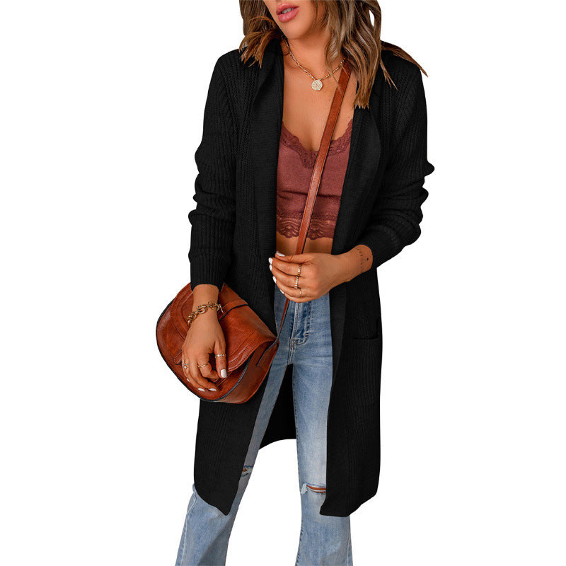 Damen lange Strickjacke mit offenen Kanten und Taschen WW
